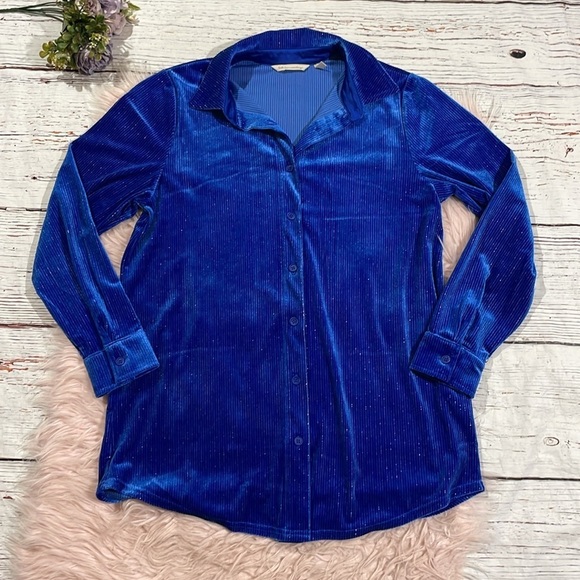 Soft Surroundings Blue Silver Textured Velvet Boyfriend Shirt Button Down - Picture 2 of 9